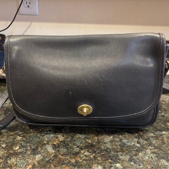 Vintage Black Leather Coach Crossbody Bag Gold Hardware